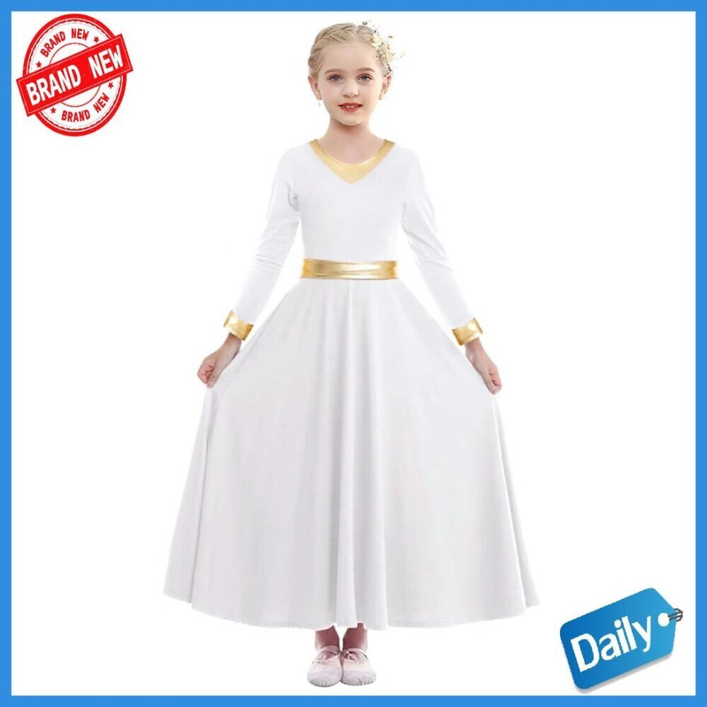 Girls Long Sleeve Dance Dress Worship Costume Loose Fit Metallic Gold